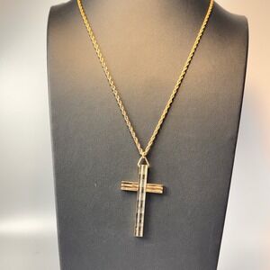 Vintage Cross Necklace Gold Tone Textured Striped Pendant Rope Chain Statement